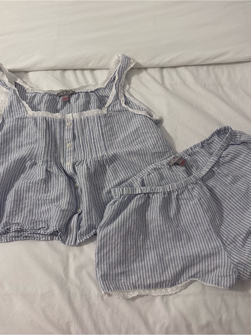J. Crew Light Blue & White Striped Cotton Lace-Trim Pajama Cami and Shorts
